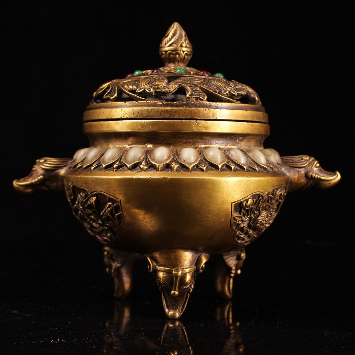 Vintage Brass Inlaid White Jade Incense Burner Decorative Ornaments